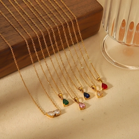 Water Drop Pendant Necklace Gold Plated Stainless Steel Sparkling Colorful Zirconia Rhinestone Fashion Jewelry For Women