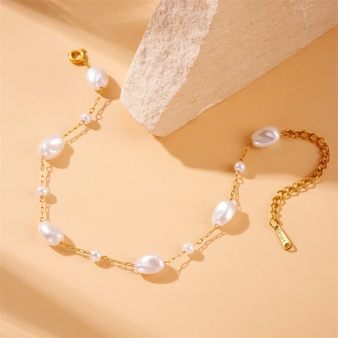 Artificial Baroque Pearl Chain Bracelet Gold Plated Stainless Steel Adjustable French Retro Elegant Jewelry For Women
