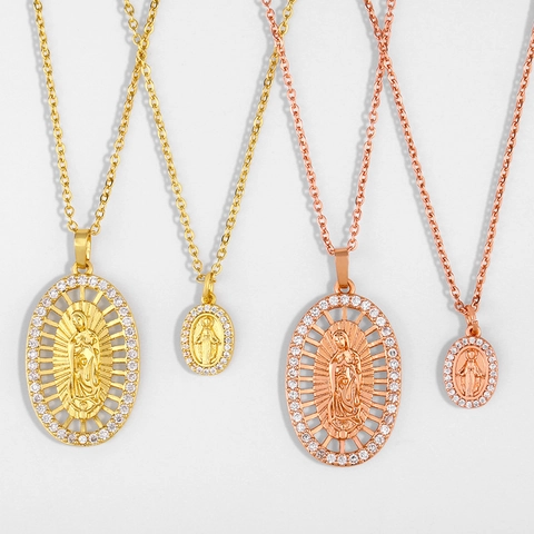 Collana Pendente Vergine Maria Rame Placcato Oro 18K Micro Pavé Zirconia Gioielli Religiosi Elegante Per Donna