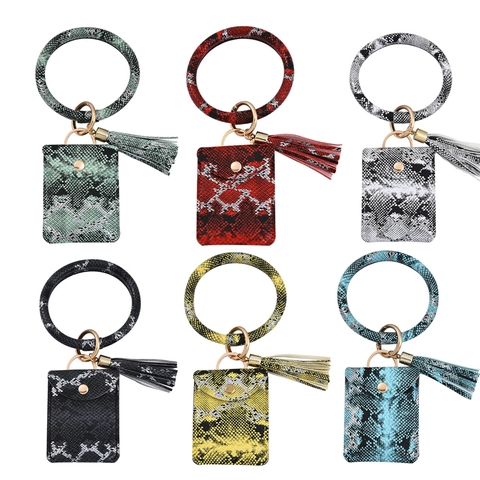 Schlangenmuster PU Leder Armreif Schlüsselanhänger Kartenhalter Mit Quaste Armband Mini Geldbörse Für Damen