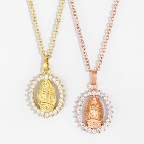 Collier Pendentif Vierge Marie Notre Dame De Guadalupe Avec Zircone Cuivre Plaqué Or 18K Bijoux Religieux Mode