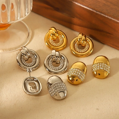 Geometric Hoop Earrings Stainless Steel Gold Plated Rhinestone Inlay Fashion Jewelry Accessory For Women