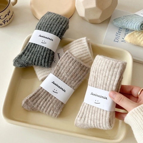 Women Wool Blend Crew Socks Thickened Ribbed Knit Warm Winter Slouchy Socks Solid Color Japanese Style