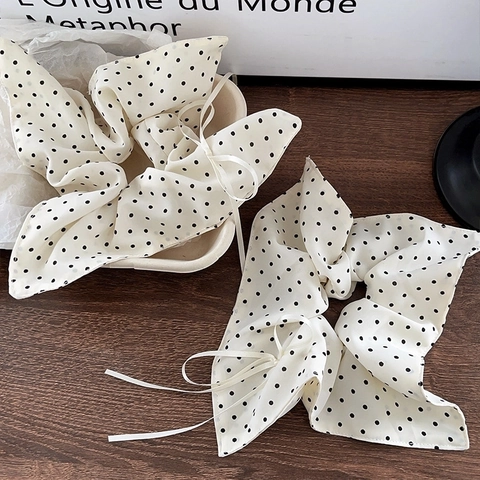 Scrunchie A Pois In Tessuto Chiffon Elastico Per Capelli Con Fiocco Sciarpa Nastro Elegante Dolce Stile Francese Per Donne