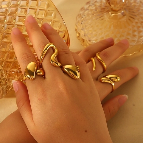 Bagues En Acier Inoxydable En Forme De Serpent Pour Femmes Plaqué Or Géométrique Irrégulier Métal Liquide Bague Ouverte