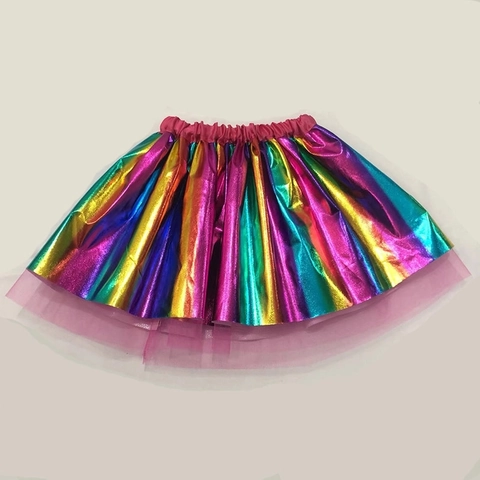 Mädchen Plissee Tutu Rock Metallic Regenbogen Glänzend Tanz Party Prinzessin Kostüm Elastische Taille Mit Tüllfutter