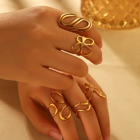 Geometric Line Ring 18K Gold Plated Stainless Steel Adjustable Open Band Minimalist Aesthetic High End Jewelry For Women