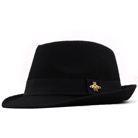 Chapeau Fedora Unisexe En Feutre De Laine Bord Large Style Britannique Rétro Avec Ruban Et Décor D'Abeille En Métal
