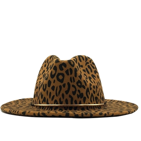Cappello Fedora Con Stampa Leopardata Tesa Larga Feltro Di Lana Cappello Jazz Con Fascia In Metallo Dorato Per Donne Uomini Viaggio Festa