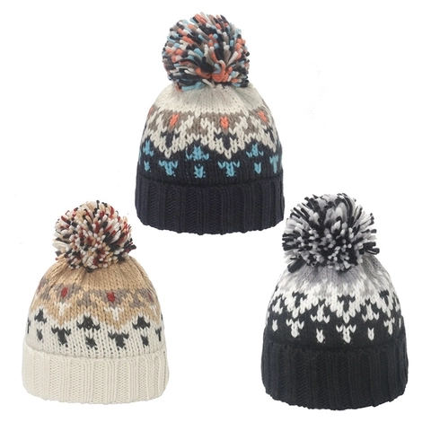 Women Winter Knitted Beanie Hat Acrylic Geometric Jacquard Pattern Pom Pom Warm Windproof Fashion Outdoor Accessory