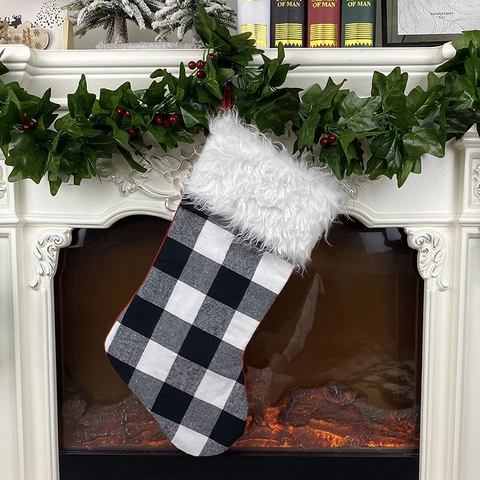 Christmas Stockings Buffalo Plaid Fabric White Faux Fur Cuff Holiday Fireplace Hanging Decoration Classic Rustic Style