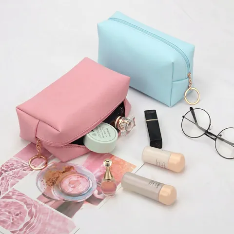Portable PU Leather Makeup Bag Waterproof Solid Color Travel Toiletry Storage Pouch With Round Ring Zipper For Women