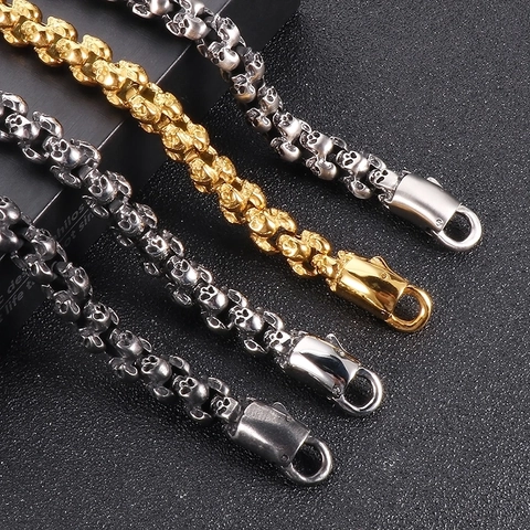 Retro Skull Head Chain Necklace Stainless Steel Heavy Punk Gothic Hip Hop Jewelry For Men