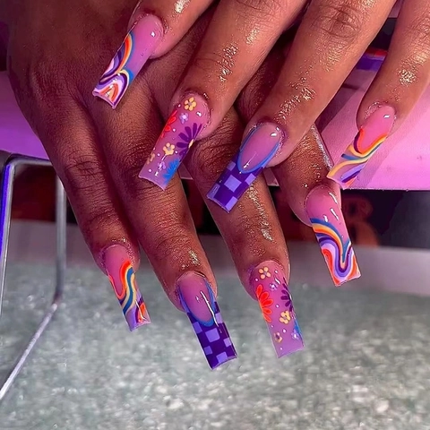 Long Square Press On Nails Purple Y2K Style Checkerboard Flower Wave Pattern Glossy Artificial Fake Nails For Women