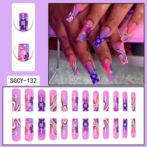 Long Square Press On Nails Purple Y2K Style Checkerboard Flower Wave Pattern Glossy Artificial Fake Nails For Women
