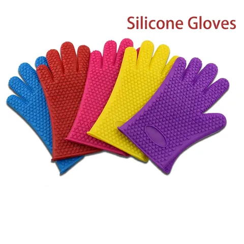 Silicone Oven Gloves Heat Resistant Anti-Slip Heart Pattern Five Finger Mittens BBQ Baking Kitchen Protection