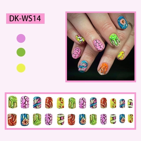 Uñas Postizas Halloween Horror Brillantes Cortas Cuadradas Coloridas Patrón Cerebro Ojo Monstruo Manicura Mujeres Decoración