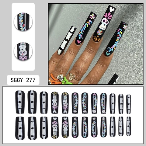 Press On Nails Lange Kist Halloween Dag Van De Doden Suiker Schedel Skelet Zwart Kunstnagels Feestelijke Manicure Vrouwen