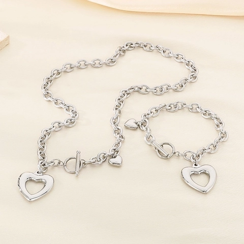 Collana E Bracciale Da Donna Con Ciondolo A Cuore Cavo Acciaio Inossidabile Chiusura OT Catena Rolo Gioielli Semplici