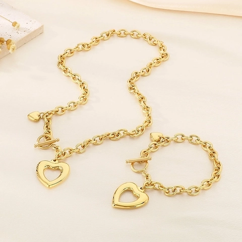 Joyería Collar Y Pulsera De Acero Inoxidable Con Colgante De Corazón Hueco Y Cierre OT Para Mujer Elegante