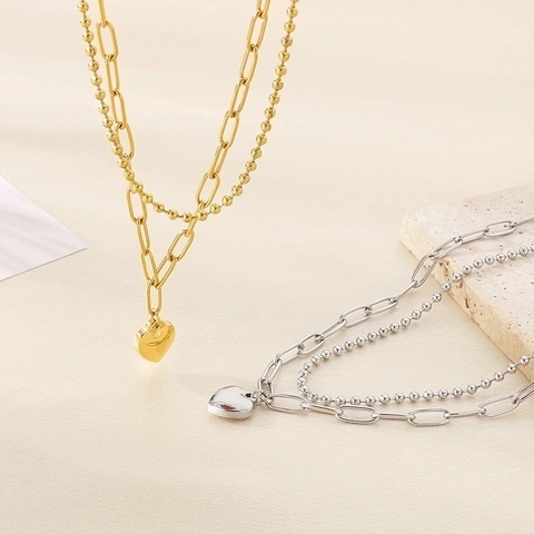 Double Layer Heart Pendant Necklace Stainless Steel Paperclip And Bead Chain Minimalist Jewelry For Women