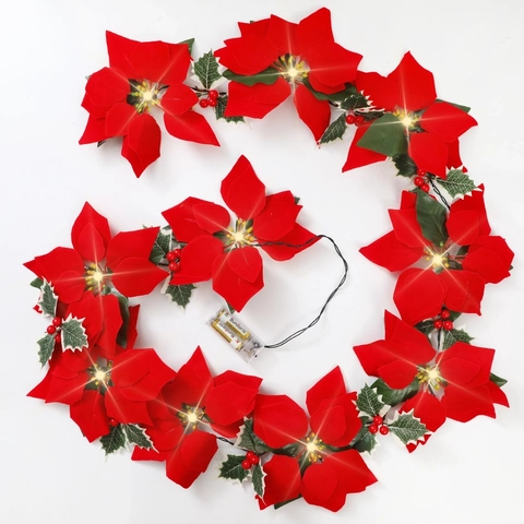 2M 20LED Weihnachtsstern LED Lichterkette Künstliche Blumen Rote Beeren Grüne Blattgirlande Batteriebetrieben Für Weihnachtsfeier Hausdeko