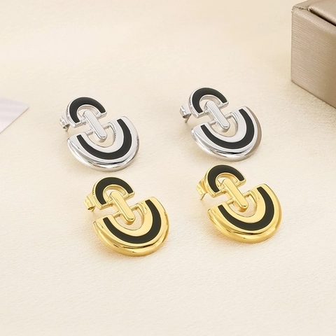 Minimalist Stainless Steel D-Shape Stud Earrings For Women Black Enamel Geometric Drop Glaze Fashion Elegant Earrings Jewelry