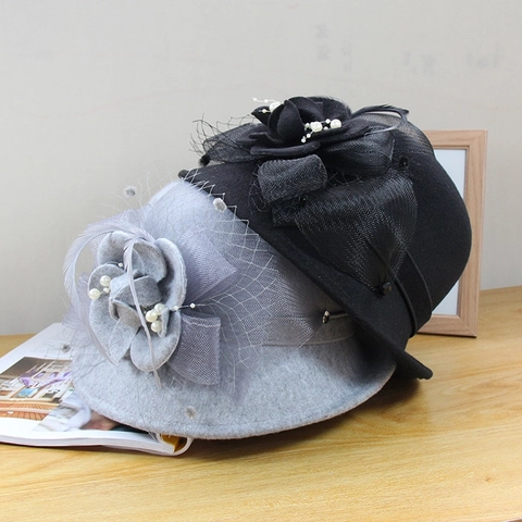 Damen Vintage Wollmischung Bucket Hat Elegant Blumen Perlen Netz Verzierung Warm Herbst Winter Anlasshut Für Party Bankett