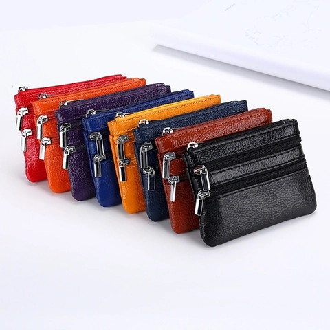 Genuine Cowhide Leather Coin Purse Lychee Pattern Multiple Zipper Small Wallet Multi Layer Key Holder Case With Ring Women