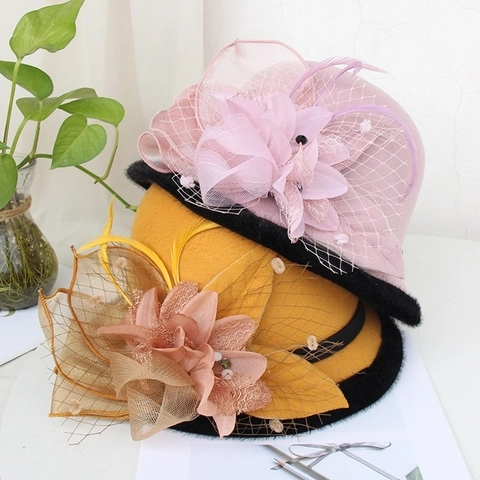 Chapeau Bob en Chanvre Style Britannique Vintage Avec Voile en Résille et Décoration Florale Cloche Hiver Élégante Femme