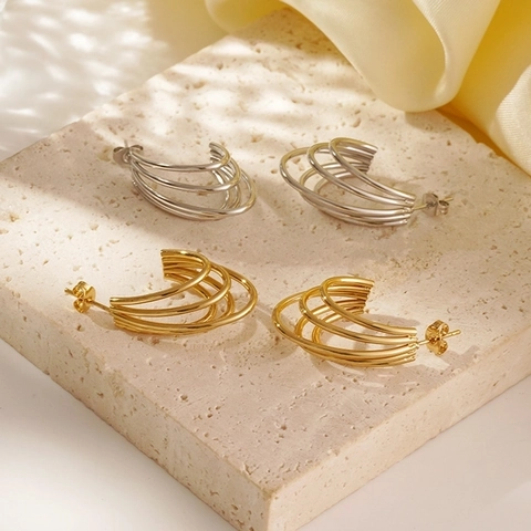 Pendientes De Aro En C De Acero Inoxidable Para Mujeres Multicapa Geométricos Estilo Francés Joyería De Nicho
