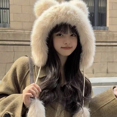Gorro de Trampero de Peluche con Orejas de Oso Estilo Japonés Dulce Pelo Sintético Protección de Oído Gorro Aviador Mujer