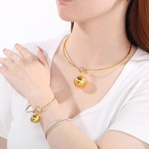 Bijoux En Acier Inoxydable Boule Creuse Collier Bracelet Et Boucles D'oreilles Minimaliste Géométrique Poli Miroir Tendance Femme