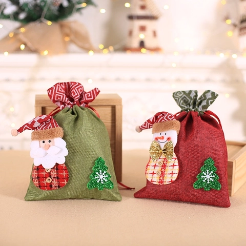 Kerst Linnen Cadeauzakjes Met Trekkoord Met 3D Kerstman Sneeuwpop Figuren Voor Vakantie Snoep Appel Verpakking Feest Decoratie