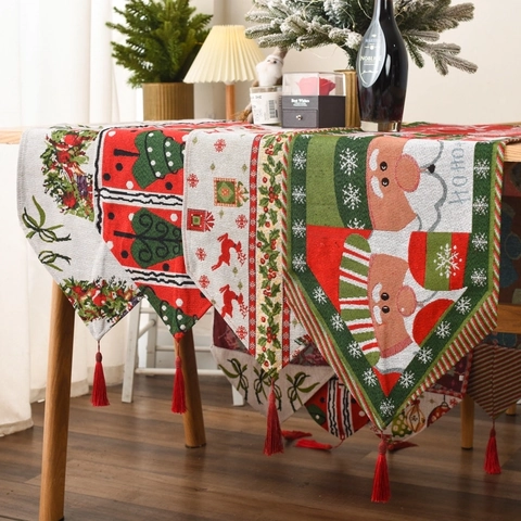 Christmas Table Runner Knitted Fabric Festive Reindeer Santa Claus Wreath Pattern For Dining Room Holiday Decor Tassels