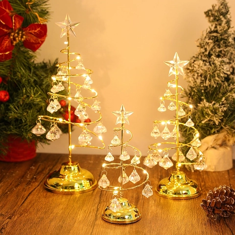Arbre De Noël En Cristal Décoration De Table Spirale Fer LED Veilleuse Avec Étoile Et Pendentifs En Acrylique