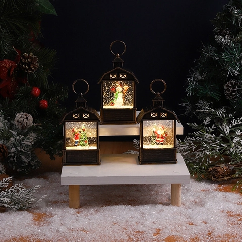 Christmas Bronze Retro Lantern LED Water Filled Glitter Plastic Snow Globe Santa Claus Snowman Reindeer Holiday Ornament