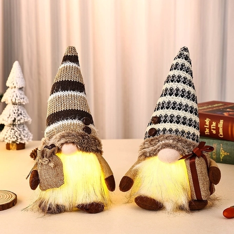 Light Up Christmas Gnome Plush Coffee Theme Faceless Doll Knit LED Ornament Desktop Festive Decoration Holiday Gift