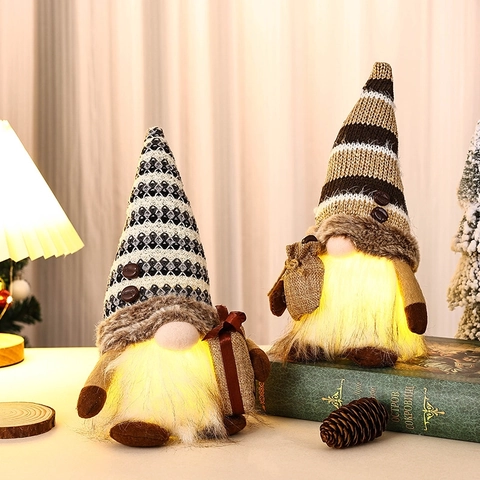 Light Up Christmas Gnome Plush Coffee Theme Faceless Doll Knit LED Ornament Desktop Festive Decoration Holiday Gift