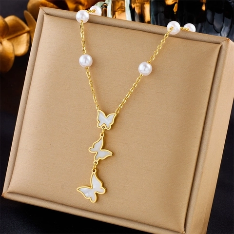 Collar de Colgante de Mariposa de Acero de Titanio Para Mujer Con Borla de Perla Artificial Elegante Diseño Simple Joyería Chapada en Oro