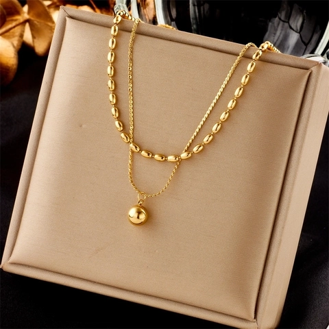 Double Layer Necklace Stainless Steel Round Ball Pendant Olive Bead Chain Gold Plated Minimalist Jewelry For Women