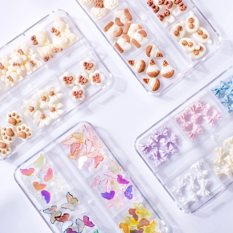 3D Resin Nagelkunst Ornamenten Vlinder Strik Hart Beer Charms DIY Gemengde Kleuren Manicure Accessoires Met Doos