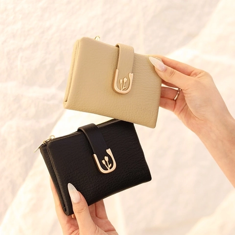 Damen Geldbörse Kurz PU Leder Litchi Textur Tulpe Gold Schnalle Reißverschluss Tasche Kartenhalter Faltbar Bifold