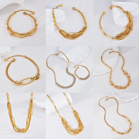 Stainless Steel Personalized Fashion Multi Layer Necklace And Bracelet Jewelry For Women Gold Geometric Chain Accessories