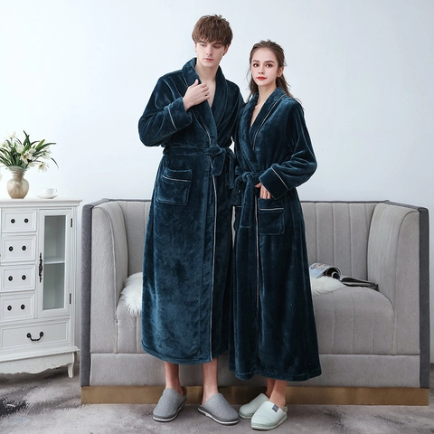 Bademantel Flanell Verdickt Lang Winter Schlafanzug Für Paare Revers Taschen Weich Warm Hausmantel