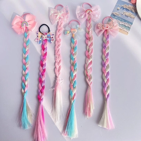 Kids Wig Braid Hair Ties Synthetic Colorful Gradient Ponytail Extensions Bow Unicorn Rainbow Hair Accessories Girls