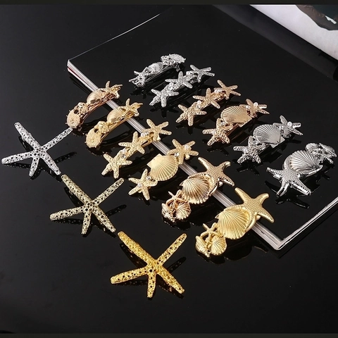 Pinza Para El Pelo Estrella De Mar Concha Aleación Metal Estilo Océano Con Perla Artificial Brillante Para Mujeres Niñas