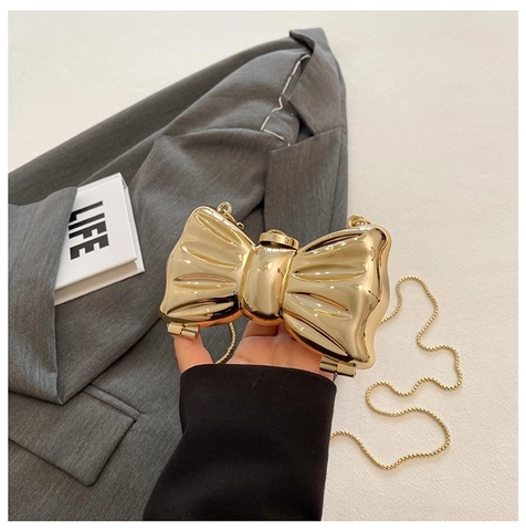 Bow Knot Evening Bag Acrylic Metal Texture Shiny Mini Clutch Crossbody Purse For Women Party Wedding