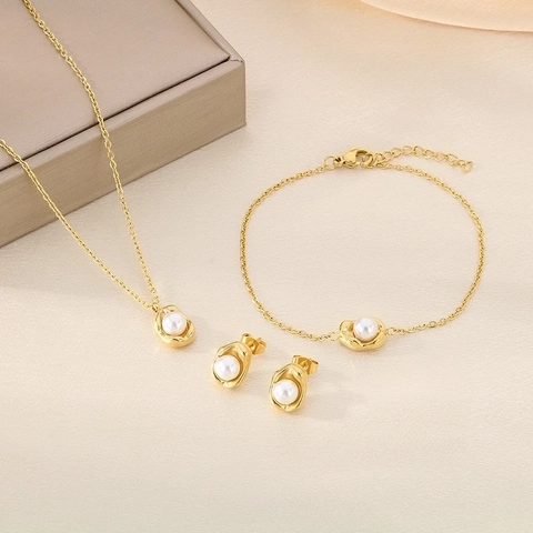 Joyas De Acero Inoxidable Perla Artificial De Concha Collar Pendientes Pulsera Diseño Orgánico Irregular Lava Minimalista Moda Mujeres