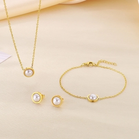 316L Stainless Steel Necklace Bracelet And Earrings With Shell Artificial Pearl Elegant Simple Fashion Style For Women